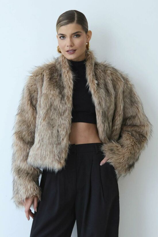 Imagem de Casaco Curto de Pelo Rajado Kaki Zen